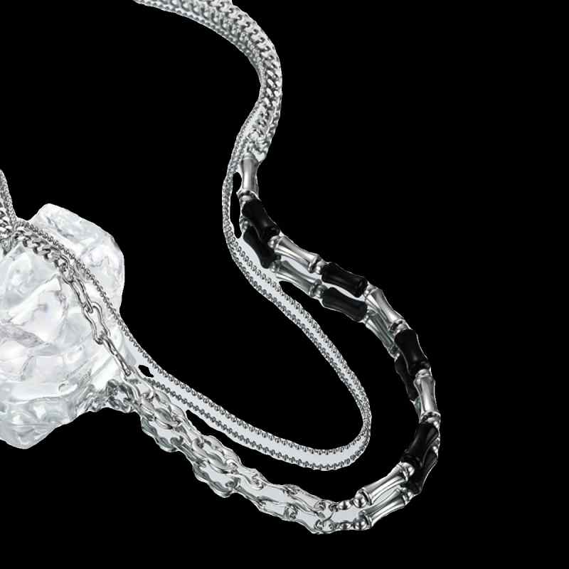 ネックレス メンズ 竹節 黒 白 軽量 男女兼用 二層 重ねづけ チェーン 調整可能 チタン鋼 アクセサリー..