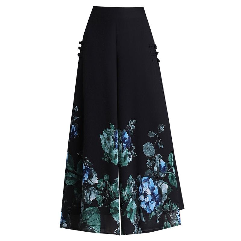 Nylon, Rayon, Polyester - ガウチョ パンツ レディース 夏 女性 大きいサイズ 薄手 ゆったり チャイナ風 キュロット レトロ ハイウエスト 九分丈 黒 青 赤 花柄 シフォン