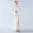 ロング ドレス レディース 韓国 大きいサイズ スリット スリム ワンショルダー イブニングドレス 背中 チャック パーティー セレモニー エレガント セクシー 白 黒 赤(4)