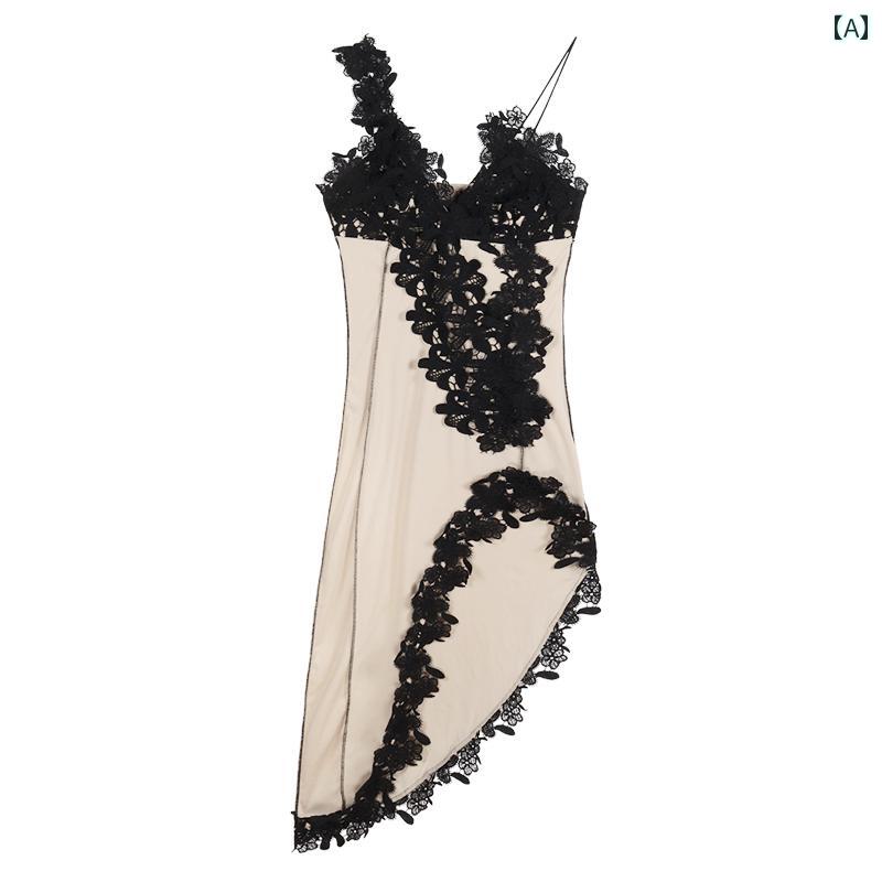 ドレス タイト レディース アシンメトリー スカート キャミソール レース パーティー イベント エレガント セクシー アプリコット 黒
