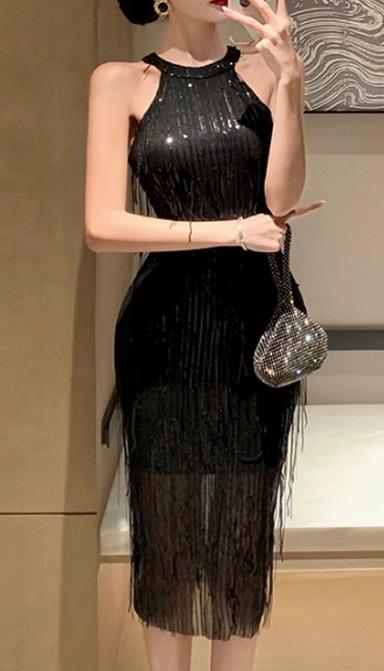ドレス タイト レディース スカート ホルターネック ノースリーブ イブニングドレス フリンジ キラキラ スパンコール パーティー イベント エレガント 黒