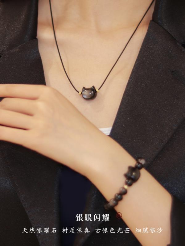 SWAROVSKI - ねこ ネックレス ペンダント かわいい レディース 紐 黒曜石 シンプル 調整可能 鎖骨 アクセサリー 普段使い 誕生日 母の日 プレゼント ルナ デザイン シルバー ブラック ロープ レトロ