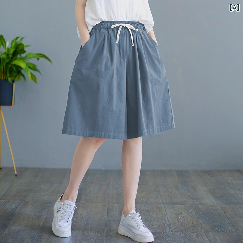 ショートパンツ 大きいサイズ レディース 夏 ワイドレッグ 五分丈 薄手 綿 リネン 通気性 涼しい ハイウエスト スカート風 キュロット シンプル カジュアル 黒 茶 白