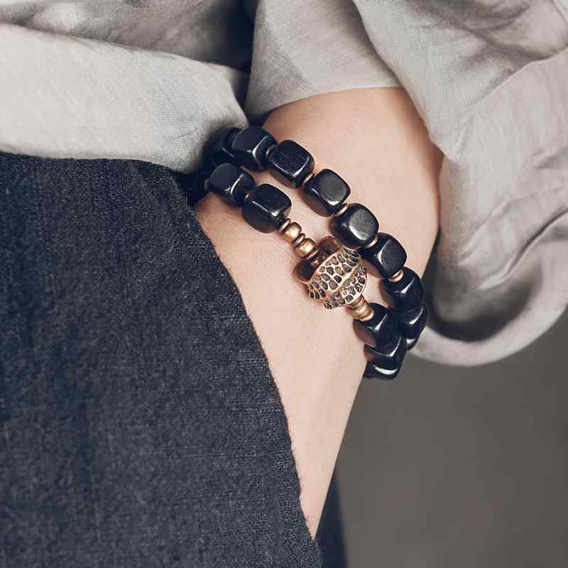 手首 アクセサリー メンズ レディース ユニセックス お揃い ブレスレット ヴィンテージ風 スクエア ウッド 黒檀木 シンプル おしゃれ