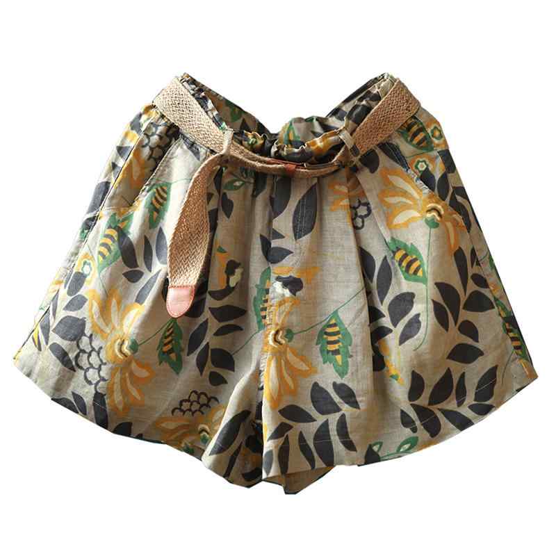 ショートパンツ レディース 夏 薄手 リネン ワイドレッグ ウエストゴム レトロ 花柄 プリント ゆったり 着痩せ カジュアル 大きいサイズ おしゃれ