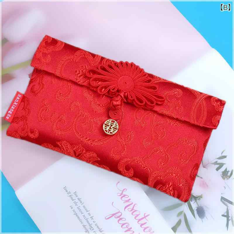ふくさ 結婚式 中国 紅包 封筒 布製 チャーム 双喜紋 ボタン 装飾 慶事 ご祝儀袋 横型 おしゃれ レトロ 雲 龍 花柄 赤 大きいサイズ