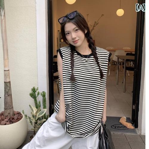 タンクトップ レディース 大きいサイズ ロング おしゃれ 夏 ビッグシルエット カジュアル ゆったり ノースリーブ 黒 白 ストライプ Tシャツ 女性 ニッチ ルーズ トップス タンクトップ レディース 大きいサイズ ロング おしゃれ 夏 ビッグシルエット カジュアル ゆったり ノースリーブ 黒 白 ストライプ Tシャツ 女性 ニッチ ルーズ トップス