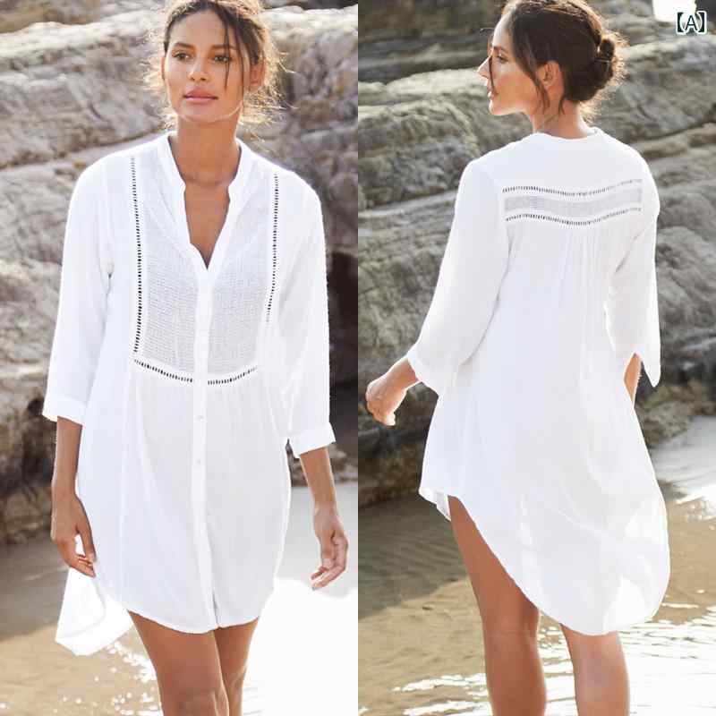 ビーチ カバーアップ リゾート バケーション レディース トップス プルオーバー ゆったり シャツ 綿 日焼け防止 ホワイト ブラック ブルー