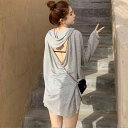 ビーチ カバーアップ リゾート レジャー セクシー バックレス フード付き 日焼け防止 レディース ルーズ カジュアル 長袖 グレー ホワイト ブラック