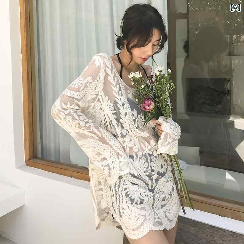 ビーチ カバーアップ リゾート 水着 レディース 夏 長袖 ブラウス 温泉 レジャー ビキニ 3点 セット ベージュ ブラック ルーズ プルオーバー 透け感 おしゃれ 大きいサイズ