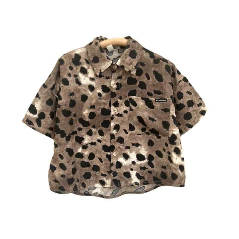 キッズ シャツ 半袖 男の子 子供 小学生 服 トップス 襟付き ポケット ヒョウ柄 滑らか カジュアル 夏 韓国 お出かけ レジャー 休日