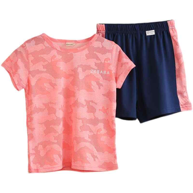 Short Pants - 迷彩 セットアップ キッズ 速乾 Tシャツ ショートパンツ スポーツ 夏 男の子 半袖 女の子 おしゃれ ユニセックス プルオーバー 薄手 ポリエステル 通気性 柔らかい グレー オレンジ 緑