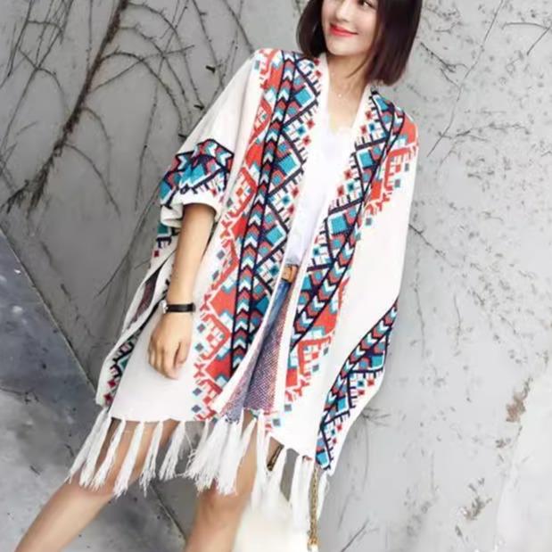 Nylon, Rayon, Polyester - カーディガン レディース 民族風 春夏秋冬 ショール 羽織 半袖 ミドル 裾タッセル 暖かい 旅行 ショッピング エスニック おしゃれ 紺 白