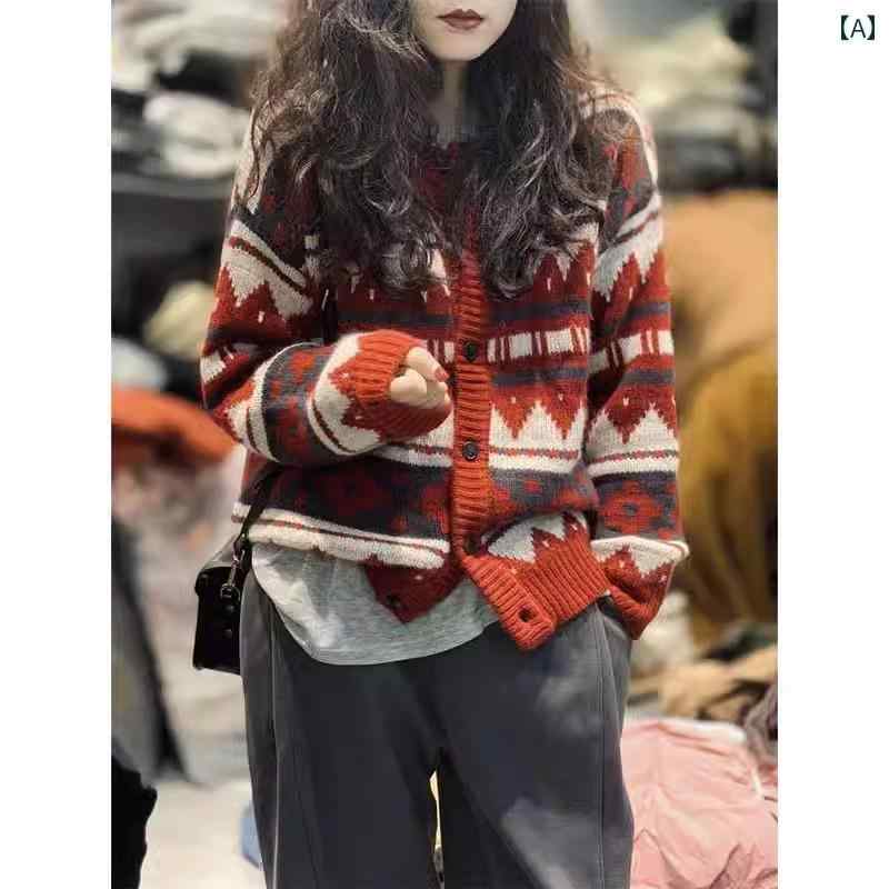 カーディガン レディース 民族風 秋冬 羽織 長袖 シングルブレスト ジャガード 普段使い 旅行 北欧 レトロ カジュアル 大きいサイズ 赤