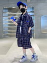 キッズ セットアップ 男の子 韓国 春夏 半袖 シャツ 前開き ポケット ハーフパンツ ゆったり おしゃれ カジュアル ストリート チェック柄 紺 通学 プレゼント