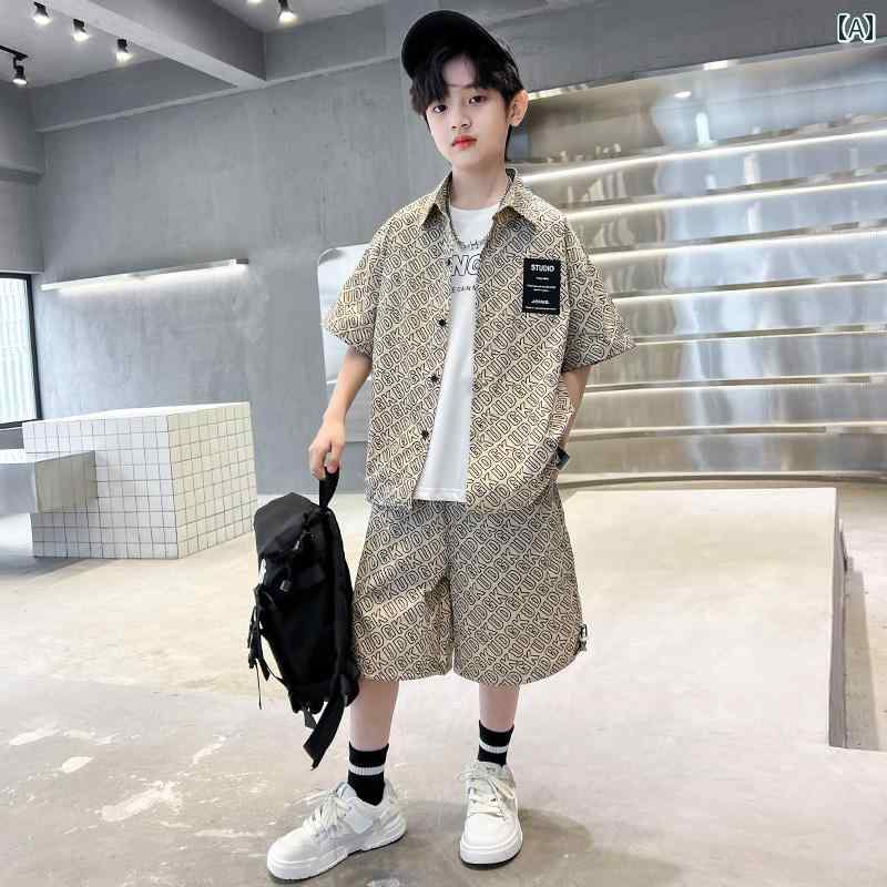 キッズ セットアップ 男の子 春夏 半袖 シャツ 前開き ハーフパンツ ポケット ゆったり おしゃれ カジュアル ストリート アルファベット カーキ 緑 通学 プレゼント