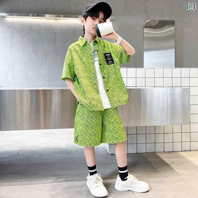 キッズ セットアップ 男の子 春夏 半袖 シャツ 前開き ハーフパンツ ポケット ゆったり おしゃれ カジュアル ストリート アルファベット カーキ 緑 通学 プレゼント