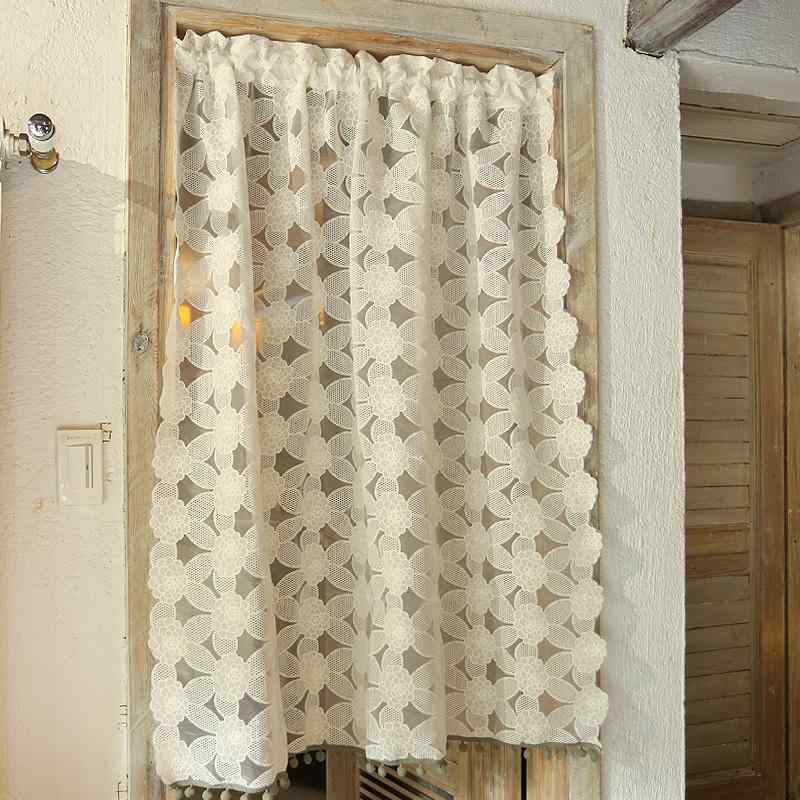 目隠し カーテン おしゃれ アメリカン カントリー あじさい 刺繍 遮光 寝室 キッチン リビング ポンポン インテリア シンプル ナチュラル レトロ 白 突っ張り棒