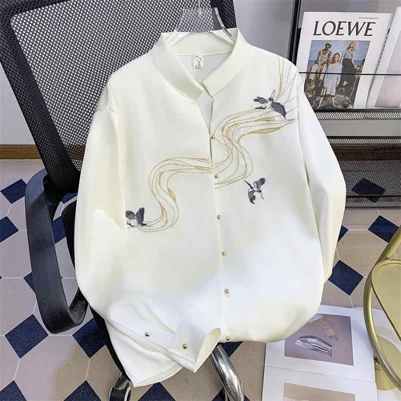 シャツ メンズ おしゃれ 長袖 立ち襟 スタンドカラー スタンドカラー 鶴柄 刺繍 春秋 中国風 カジュアル トップス