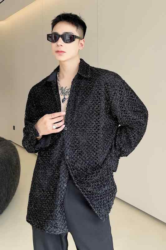 Casual Shirts - シャツ メンズ 長袖 柄 秋 メッシュ ステージ 衣装 ゆったり ビッグシルエット オーバーサイズ モード系 ストリート 黒