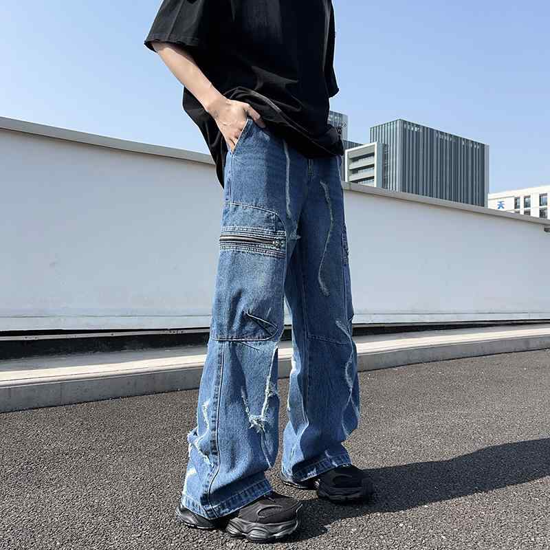 パンツ メンズ おしゃれ ワイド ストレート デニム 破れ加工 ダメージ ダメージ アメカジ 個性派 ポケット ウォッシュ ゆったり(4.0)