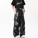 パンツ メンズ おしゃれ ブラック ワイド ストレート PU ゆったり 夏 アメカジ タック スタッズ 個性 ストリート