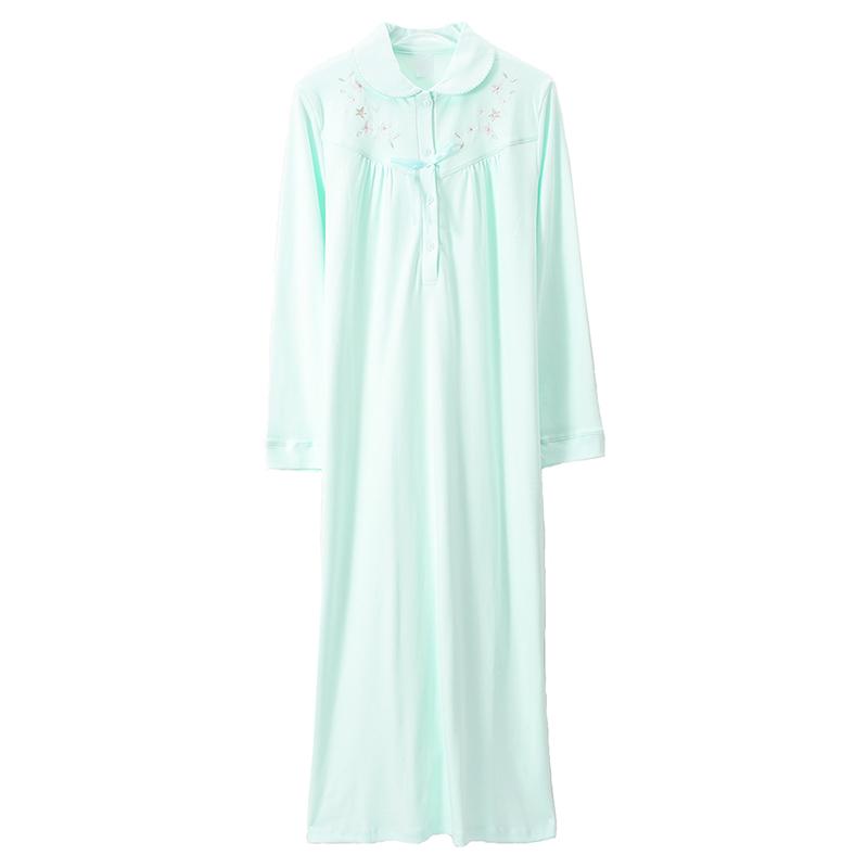 パジャマ レディース 長袖 秋冬 シンプル きれいめ 綿 ワンピース ロング ルームウェア ガーリー 厚手 ゆったり 大きいサイズ 快適 襟付き 刺繡 花 緑