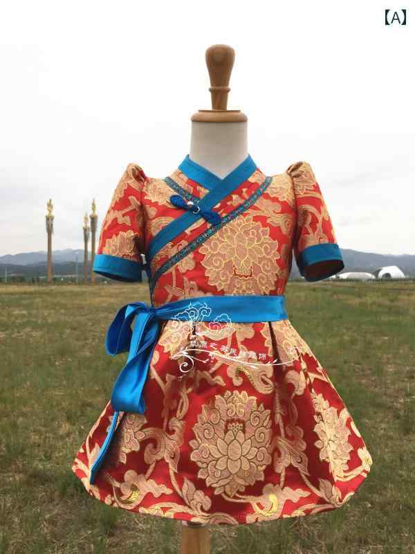 モンゴル 衣装 ダンス キッズ 夏 女の子 半袖 ローブ パフォーマンス 薄手 レッド パープル ブルー エスニック 花柄 リボン かわいい ワンピース スカート