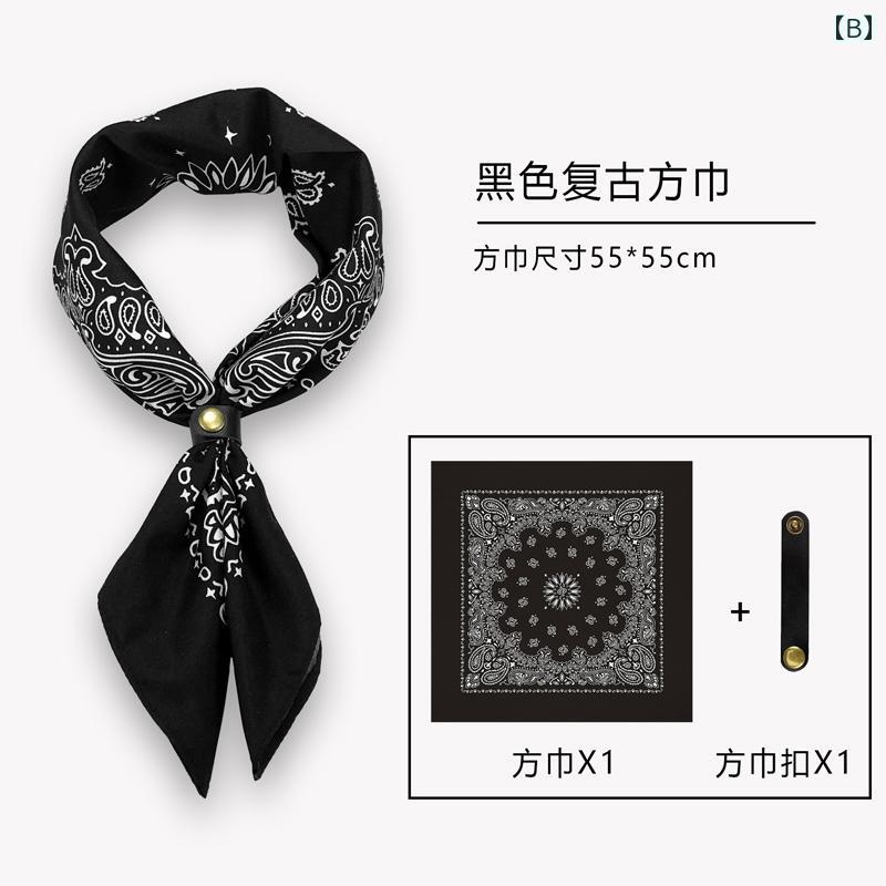フロントップ楽天市場店のスカーフ メンズ レディース おしゃれ 小さめ 正方形 スクエア バンダナ ネッカチーフ レザーリング ボタン 留め 総柄 ペイズリー プリント アクセサリー 小物 韓国 カジュアル レトロ アメカジ ストリート ヒップホップ プレゼント 黒 青 赤｜アングル3