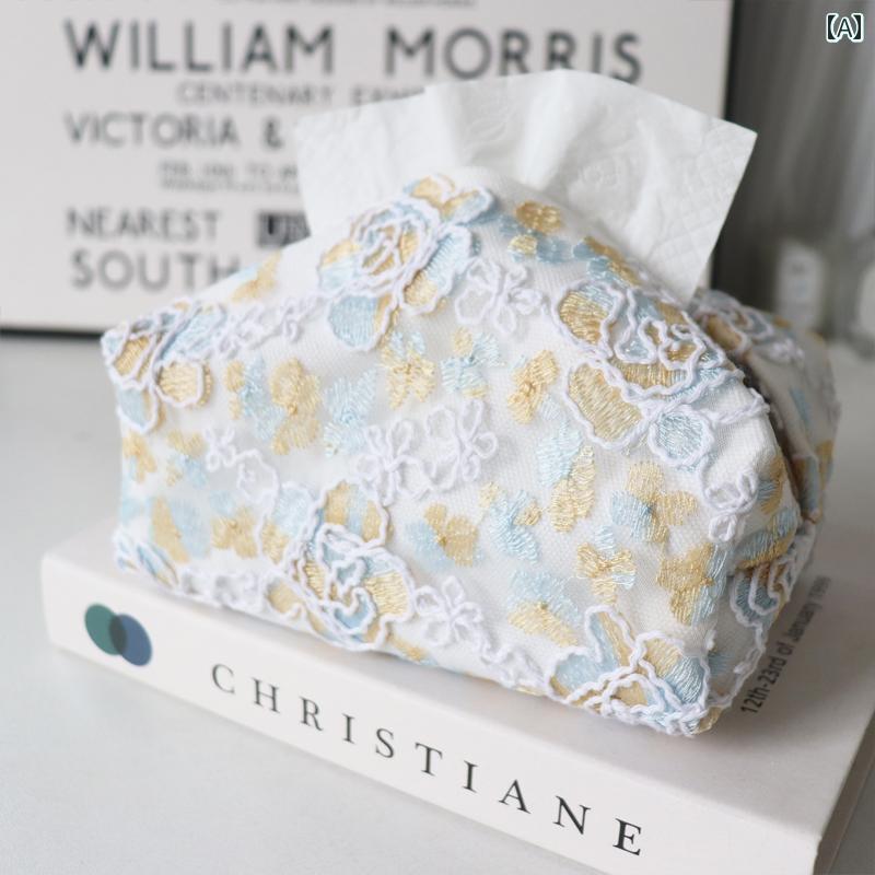 ティッシュケース 北欧風 レース かぎ編み 立体花 花柄 ダブルレイヤー 布製 卓上収納 リビング ティッシュボックス ティッシュカバー おしゃれ かわいい 長方形 白 黒 ベージュ