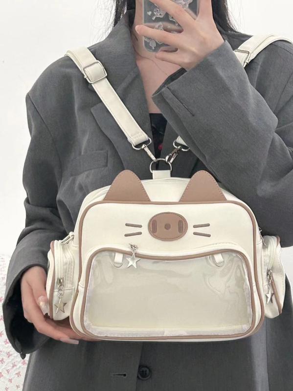 リュック レディース かわいい Y2K ホットガール 猫 耳 痛 クリア オタク 大容量 ショルダー 斜めがけ PU ジッパー ポケット ボード 白 黒(4)