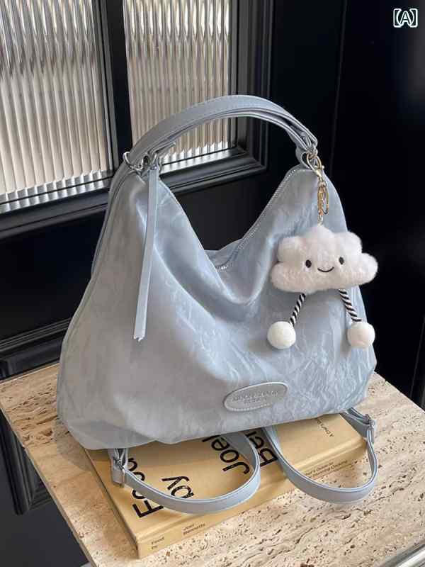 リュック レディース かわいい 韓国 シンプル トート ダブル ショルダー 柔らかい PU ジッパー チャーム 雲 英字 エレガント 普段使い 青 白 シルバー(4.0)