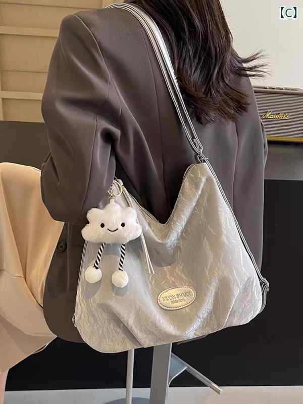 リュック レディース かわいい 韓国 シンプル トート ダブル ショルダー 柔らかい PU ジッパー チャーム 雲 英字 エレガント 普段使い 青 白 シルバー 3