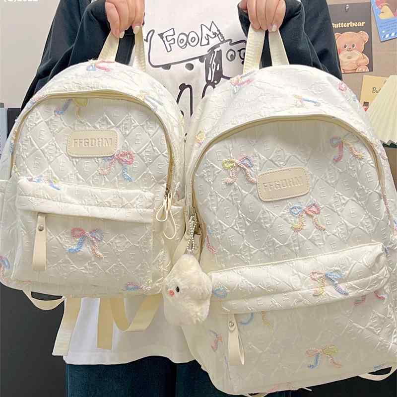乐天商城 - リュック レディース かわいい 韓国 中学生 女の子 バックパック カジュアル ジッパー ポケット ボトル 柔らかい レジャー 英字 リボン 星 チャーム 白 ピンク 黒
