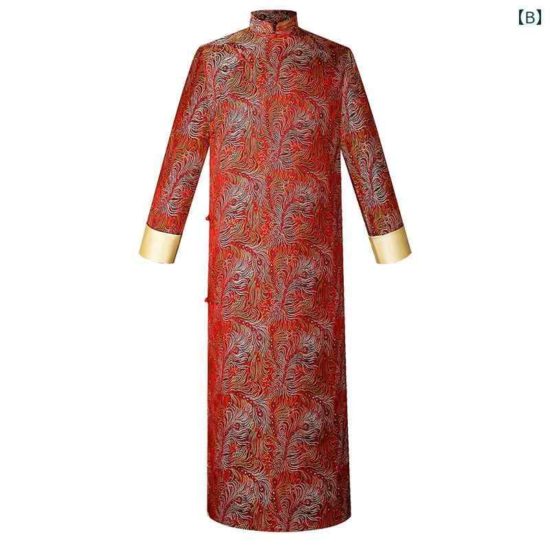 チャイナ服 メンズ チャンパオ ロング ホスト 司会者 宴会 パフォーマンス 衣装 ブルー レッド シャンパン スリット 刺繍 サテン スタンドカラー 長袖