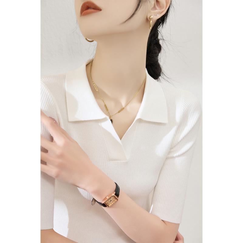 V-Neck - ポロシャツ レディース おしゃれ 大人 オフィス トップス 半袖 白 Vネック ニット スリムフィット 春夏 上品 シンプル 抜け感 通勤 着回し
