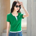 カットソー 半袖 レディース 夏 重ね着風 Vネック Tシャツ スリム トップス カジュアル シンプル 無地 短め 緑 モカ 黒 大きいサイズ