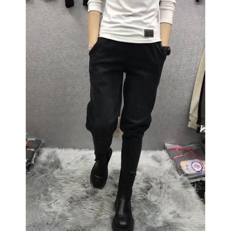 七分牛仔裤 - ゆったり パンツ レディース デニム ジーンズ Gパン 長ズボン ウエストゴム 裏起毛 あったか 秋冬 大きいサイズ 9分丈 スリム テーパード ポケット ステッチ ストレッチ ボトムス おしゃれ カジュアル シンプル 無地 美脚 着痩せ 黒