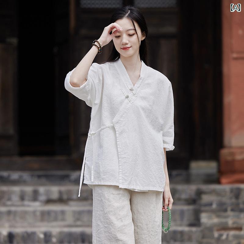 瞑想 坐禅 服 レディース 夏 中国風 レトロ 七分袖 トップス カーディガン 羽織り ゆったり Vネック チャイナボタン ヨガ エステ 居士 修行 仏教 シンプル 白 黄 赤