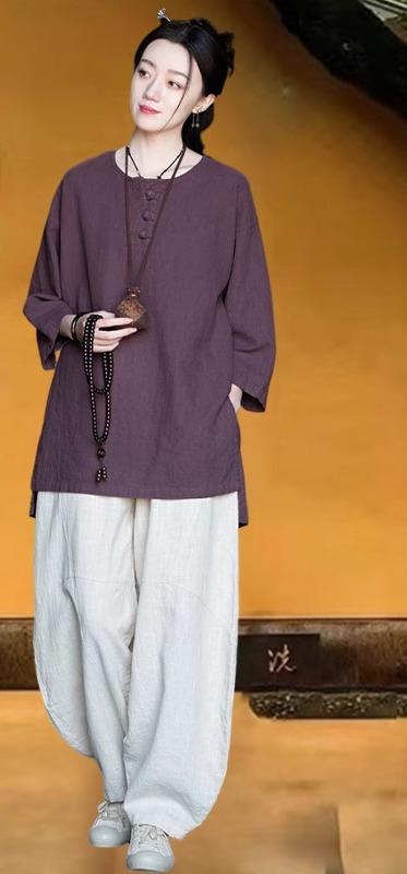 瞑想 坐禅 服 レディース 中国風 唐装 中国風 セットアップ ゆったり チャイナボタン ヨガ 居士 修行 仏教 太極拳 シンプル カジュアル 紫 緑 ブロンズ 無地