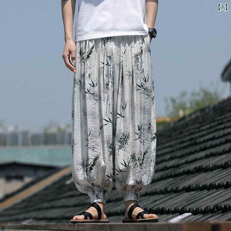 ハーレムパンツ メンズ 男性 大きいサイズ 接触冷感 夏 薄手 ルーズ リラックス チャイナ風 カジュアル 普段着 グレー 青 水墨画風 ポケット