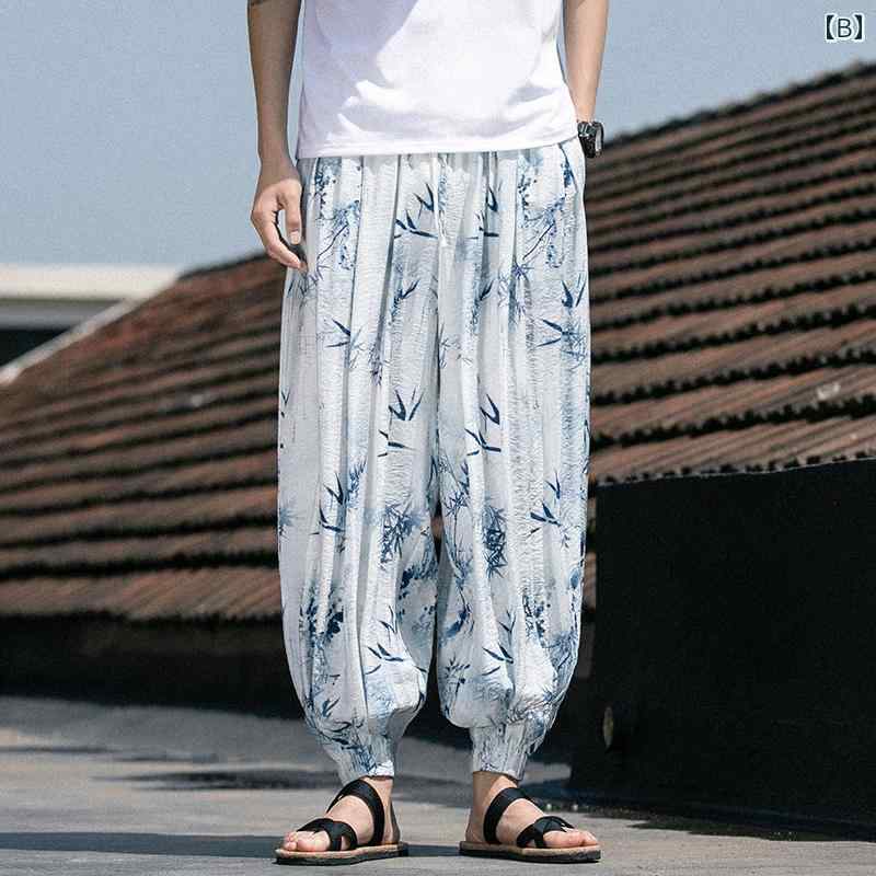 ハーレムパンツ メンズ 男性 大きいサイズ 接触冷感 夏 薄手 ルーズ リラックス チャイナ風 カジュアル 普段着 グレー 青 水墨画風 ポケット
