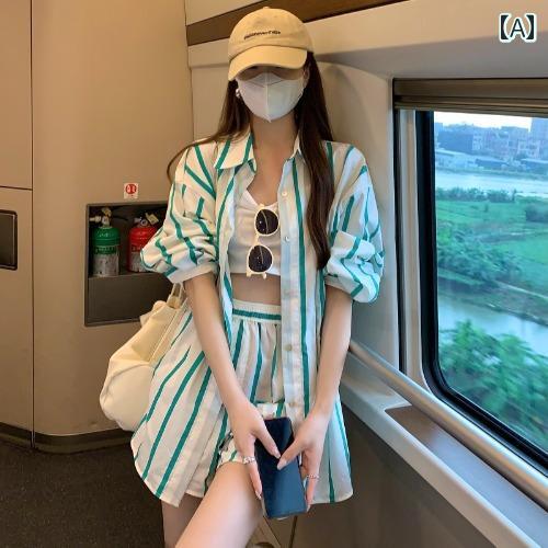 夏 長袖 レディース おしゃれ 夏 上下 カジュアル 日焼け防止 快適 韓国 ルーズ 薄手 グリーンストライプ シャツ ショーパン ストリート 女性
