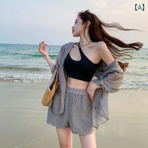 夏 長袖 レディース おしゃれ 夏 上下 カジュアル 日焼け防止 快適 ビーチ 休暇 旅行 ウェア ウェア シャツ ノースリーブ ショーパン ス 女性