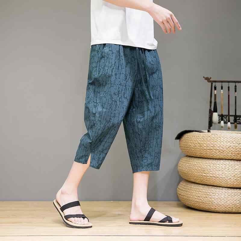 八分裤 - パンツ メンズ 七分丈 おしゃれ 綿 麻 カジュアル 夏 チャイナ風 レトロ ジャカード ワイドレッグ 薄手 ゆったり 大きいサイズ クロップド ポケット ウエストゴム 伸縮性 通気性 グレー 黒 緑