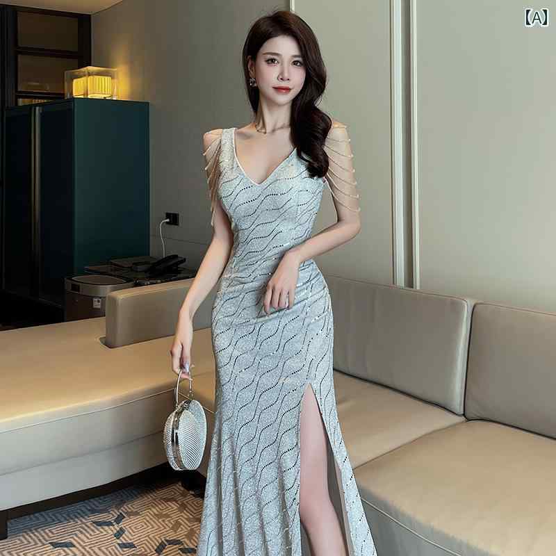 フロントップ楽天市場店のイブニングドレス レディース ロング フェミニン パーティー 宴会 結婚式 光沢 エレガント Vネック スリット ノースリーブ 大きいサイズ 背中 チャック ビーズ 柄 シルバー｜アングル2