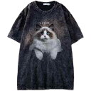 猫 tシャツ プリント メンズ アメリカン レトロ 半袖 ヴィンテージ風 リアル グレー オーバーサイズ 春夏 ブラック ラウンドネック ゆったり