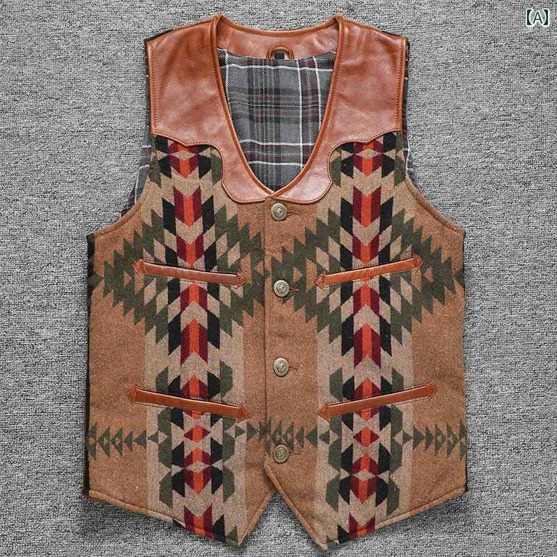 メンズ ベスト カジュアル おしゃれ 秋 Vネック ボタン ノースリーブ スリム 牛革 ウール トップス アウター 普段着 レトロ ウエスタン キャメル 茶色 オレンジ