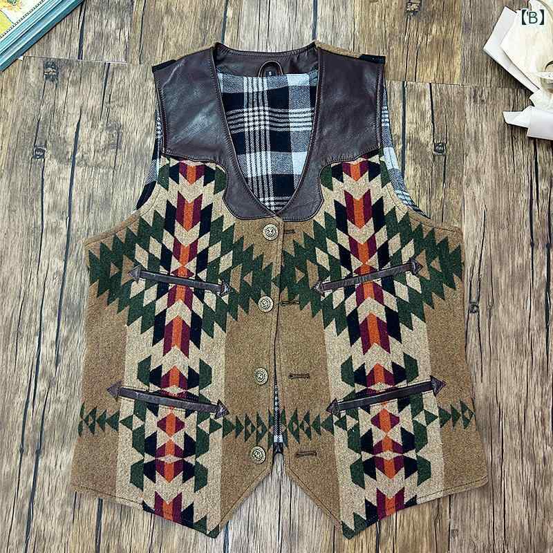 メンズ ベスト カジュアル おしゃれ 秋 Vネック ボタン ノースリーブ スリム 牛革 ウール トップス アウター 普段着 レトロ ウエスタン キャメル 茶色 オレンジ