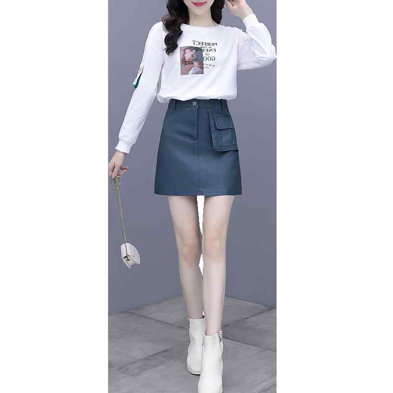 スカート ハイウエスト 長袖 ラウンドネック 白 Tシャツ 上下セット 春秋 レディース PU レザー ミニ Aライン 体型カバー 韓国 大きいサイズ おしゃれ...